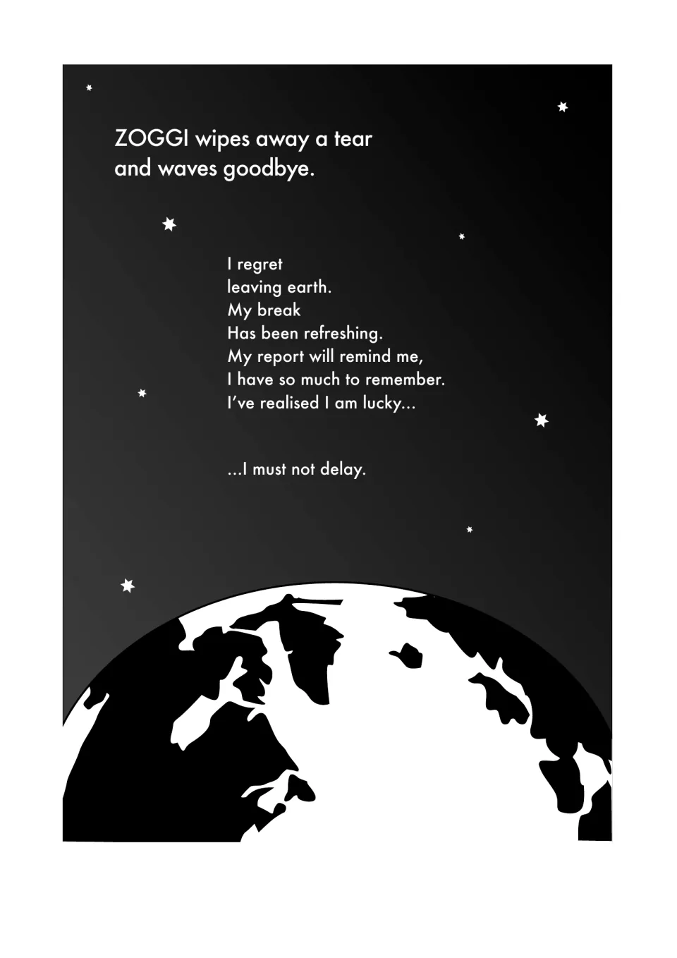 Farewell poem as Zoggy leaves Earth, using re- prefix words such as regret, refreshing, remind, remember and realised
