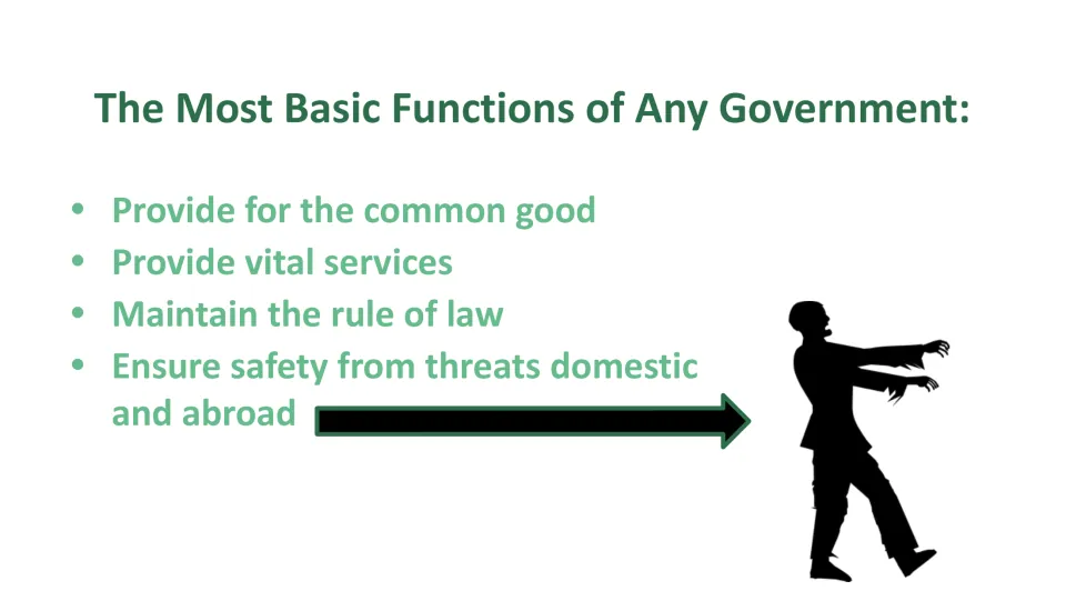 Government functions slide: provide for the common good, vital services, rule of law, and safety from threats