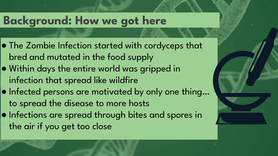 Outbreak background slide: fictional cordyceps infection begins in food and spreads through bites and spores