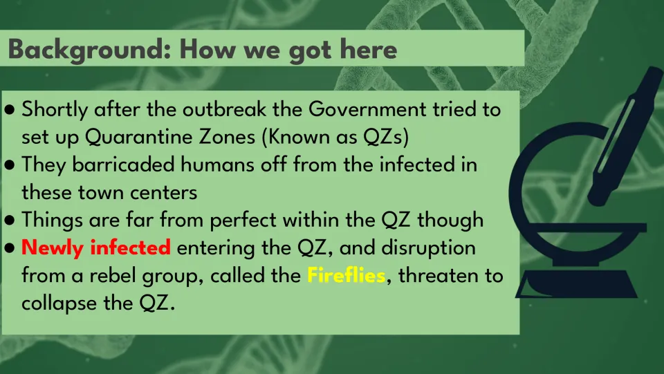 Quarantine zone background slide: government barricades face newly infected entrants and Firefly rebels