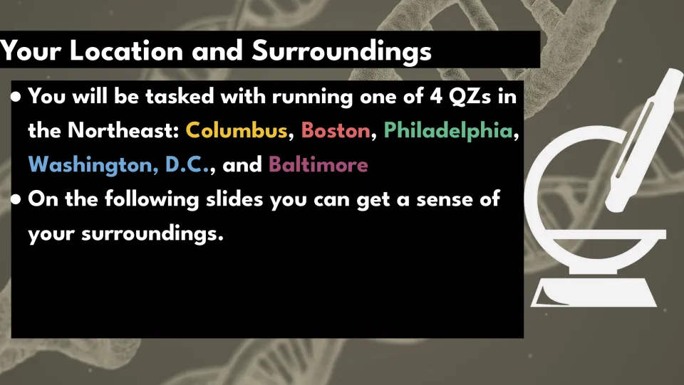 Simulation locations slide lists quarantine zones in Columbus, Boston, Philadelphia, Washington, DC, and Baltimore