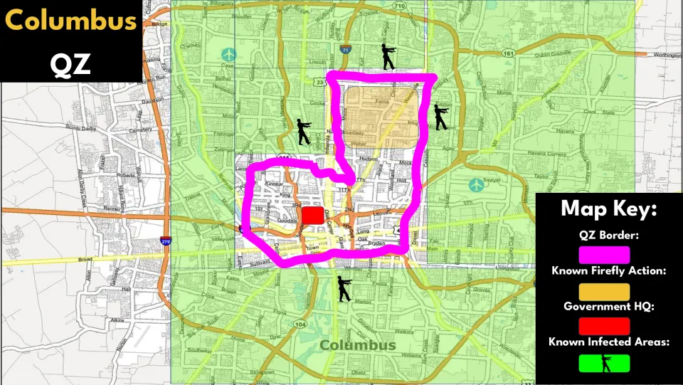 Columbus simulation map showing the QZ boundary, known Firefly action, government HQ, and infected areas