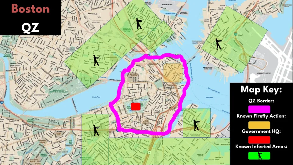 Boston simulation map showing the QZ boundary, known Firefly action, government HQ, and infected areas