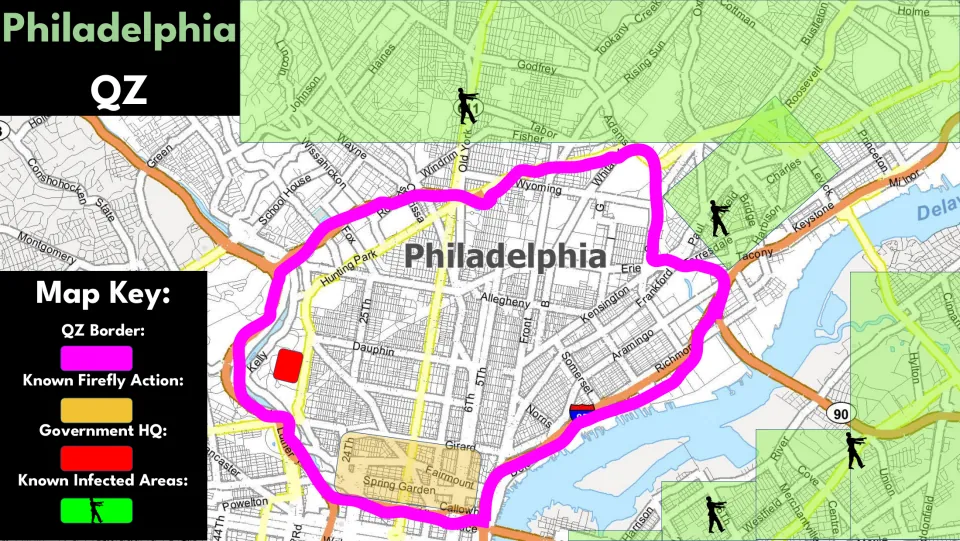 Philadelphia simulation map showing the QZ boundary, Firefly action, government HQ, and infected areas