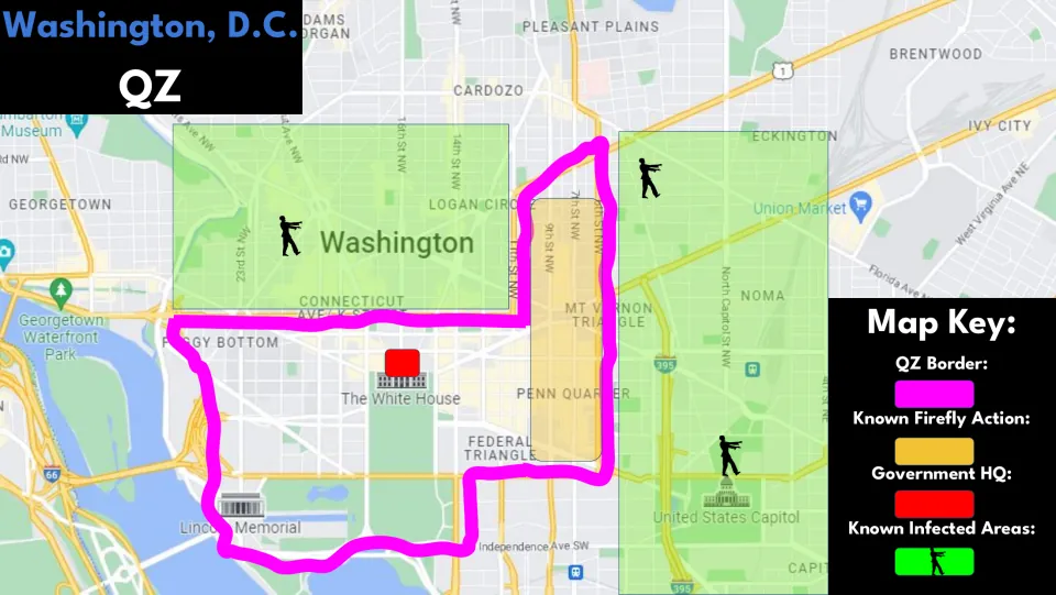 Washington, D.C. simulation map showing the QZ boundary, Firefly action, government HQ, and infected areas