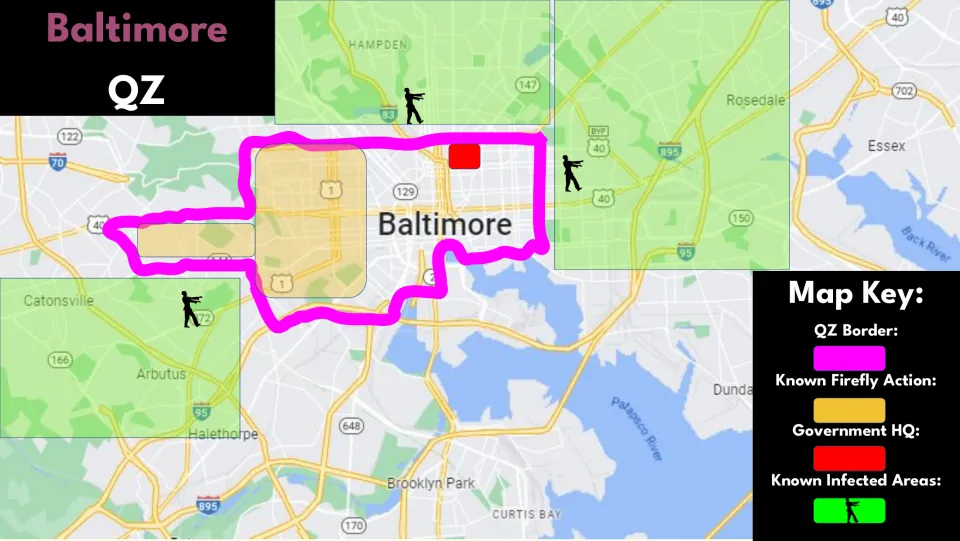 Baltimore simulation map showing the QZ boundary, known Firefly action, government HQ, and infected areas