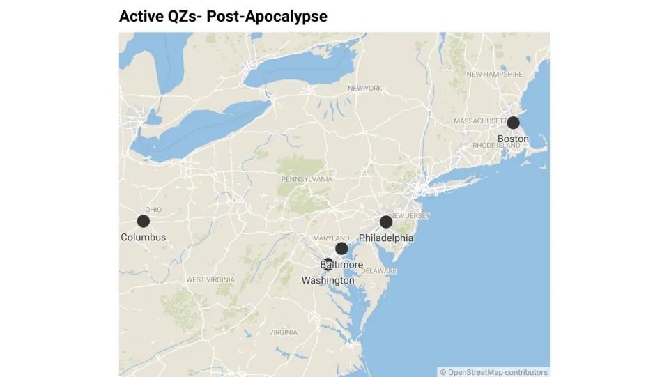Simulation overview map locating active QZs in Columbus, Boston, Philadelphia, Baltimore, and Washington