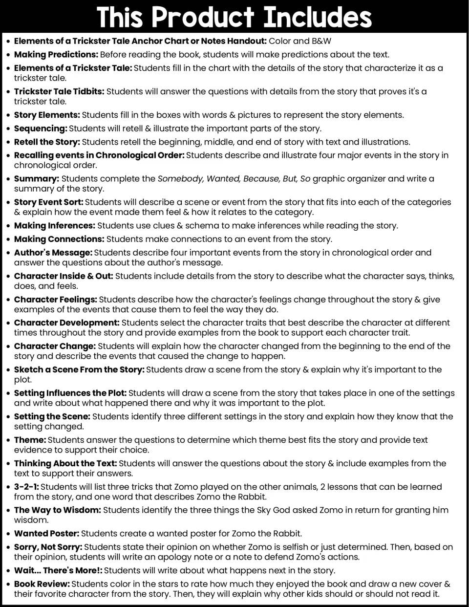 List of included activities, from making predictions and story elements to character change, theme, 3-2-1 and a book review