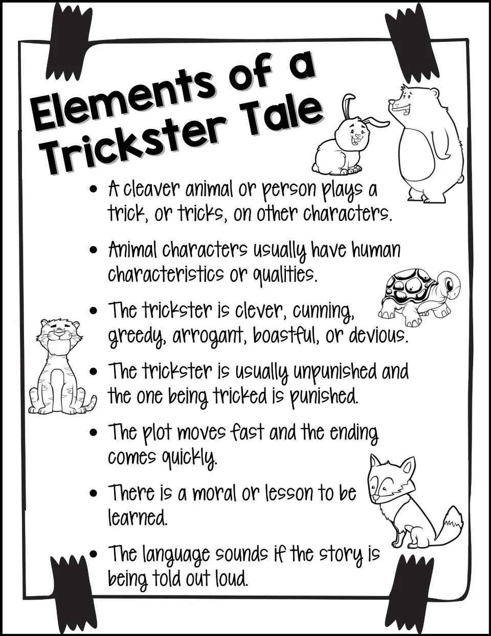 Black-and-white Elements of a Trickster Tale notes handout listing seven traits of the genre, with outline animal drawings