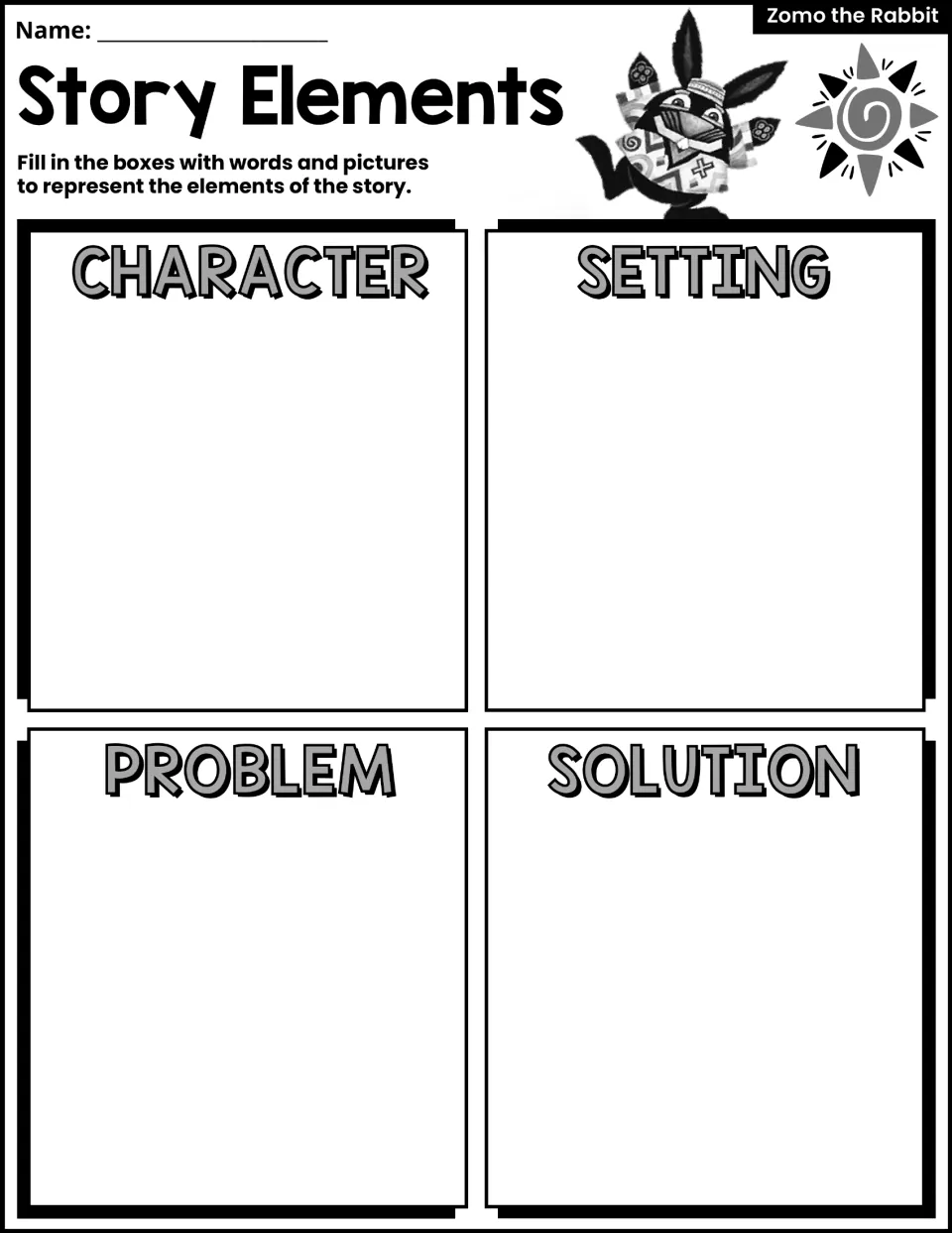 Story Elements: students use words and pictures to show the character, setting, problem and solution of the story