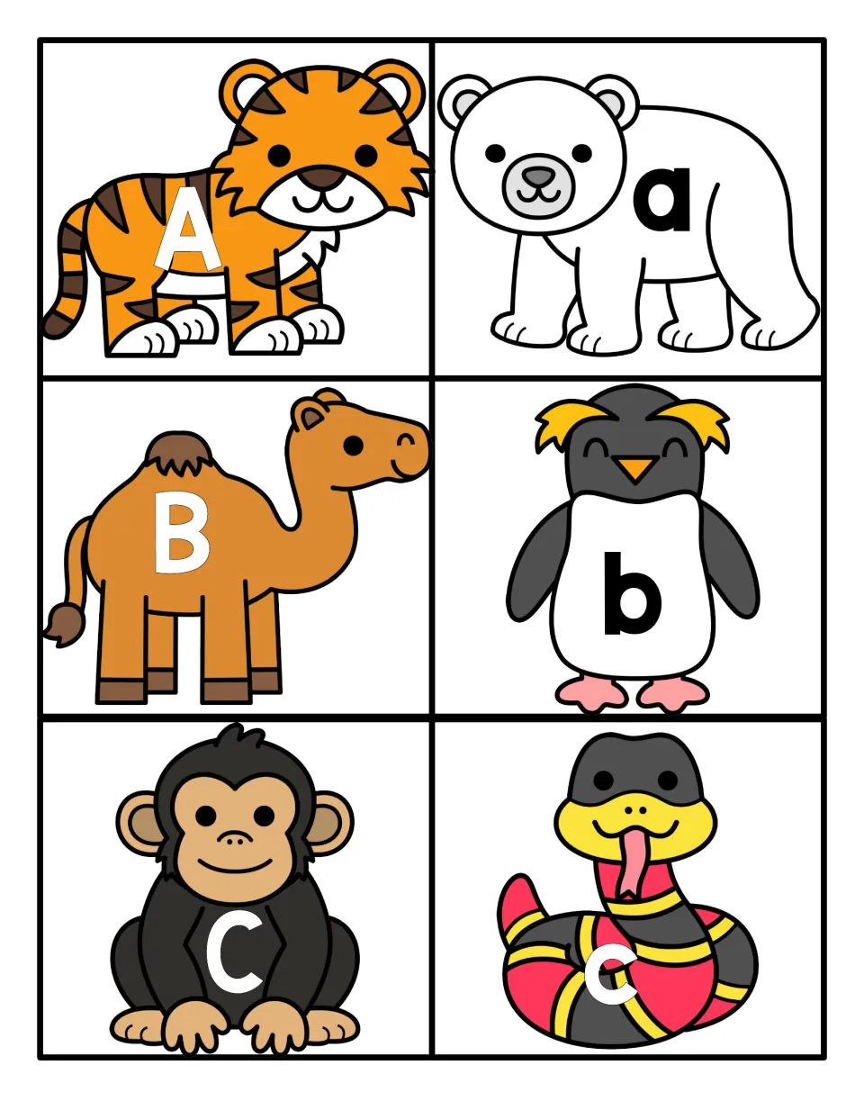 Letters A to C: six zoo animal cards pair uppercase and lowercase, with A on a tiger, a on a polar bear, c on a snake