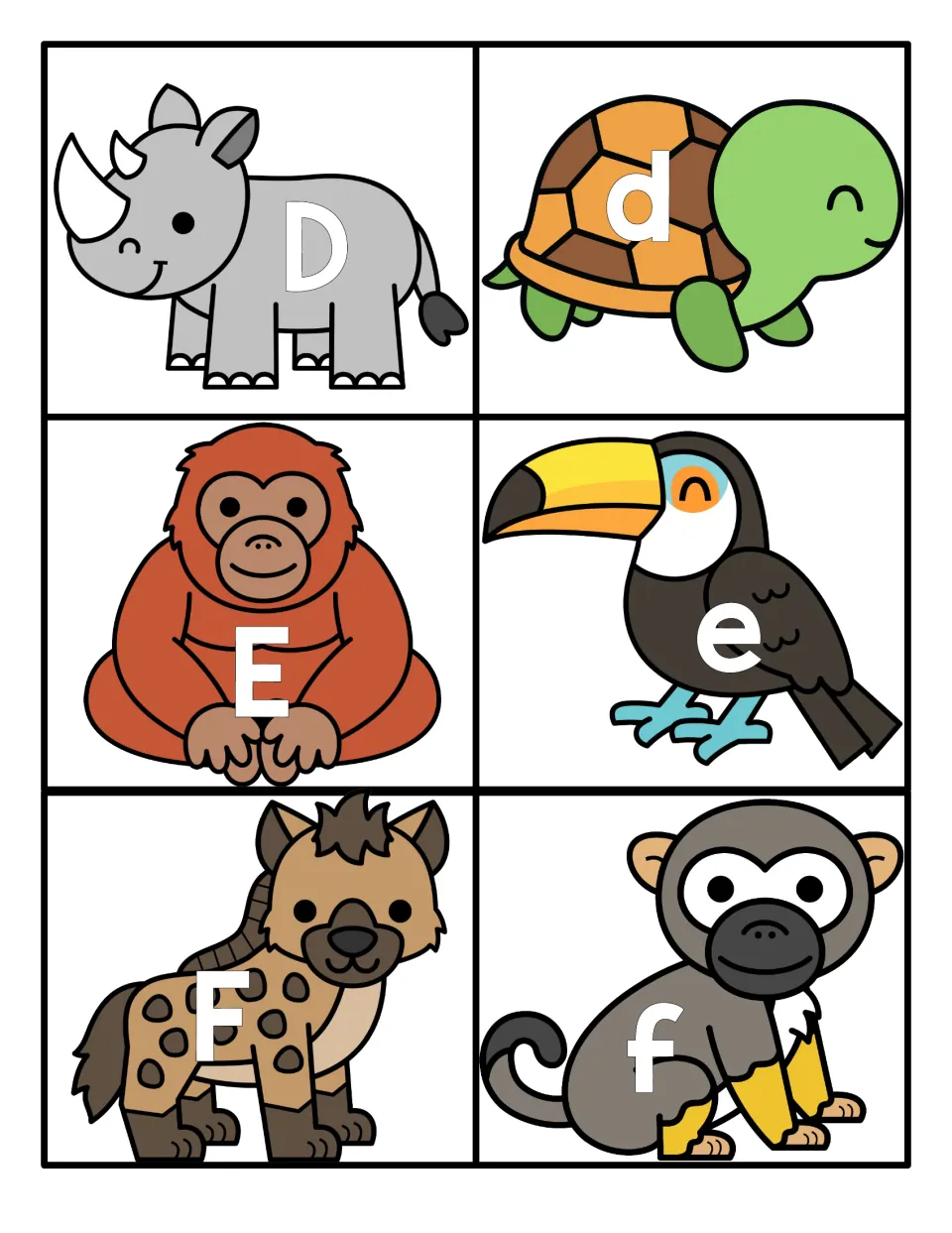 Letters D to F: animal cards for matching capital and small letters, with D on a rhino, e on a toucan, F on a hyena