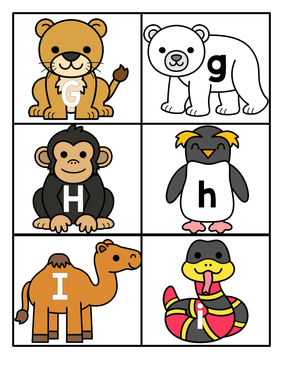 Letters G to I: uppercase-lowercase matching cards showing G on a lion, h on a penguin, I on a camel and i on a snake
