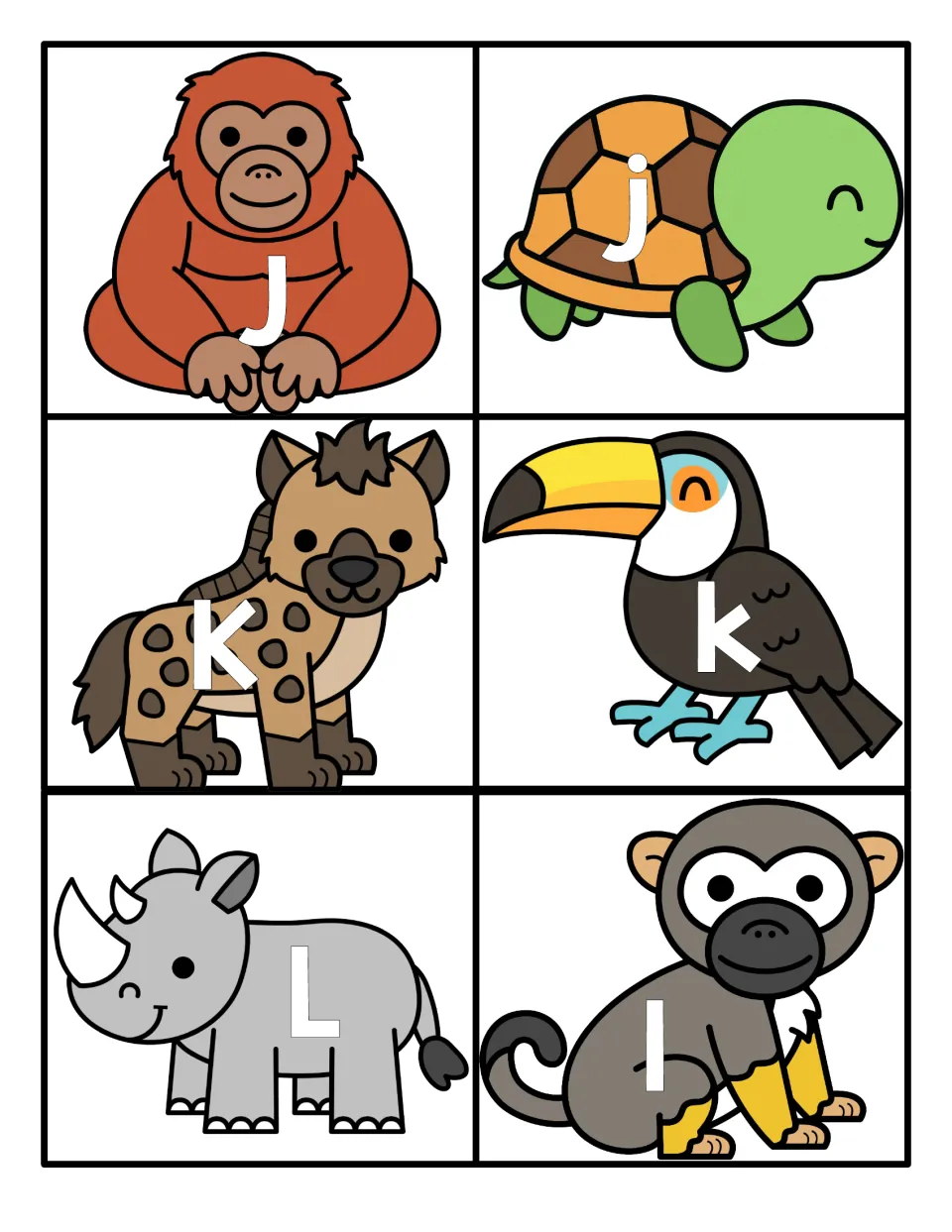 Letters J to L: capital and lowercase cards for letter matching, with J on an orangutan, k on a toucan and L on a rhino