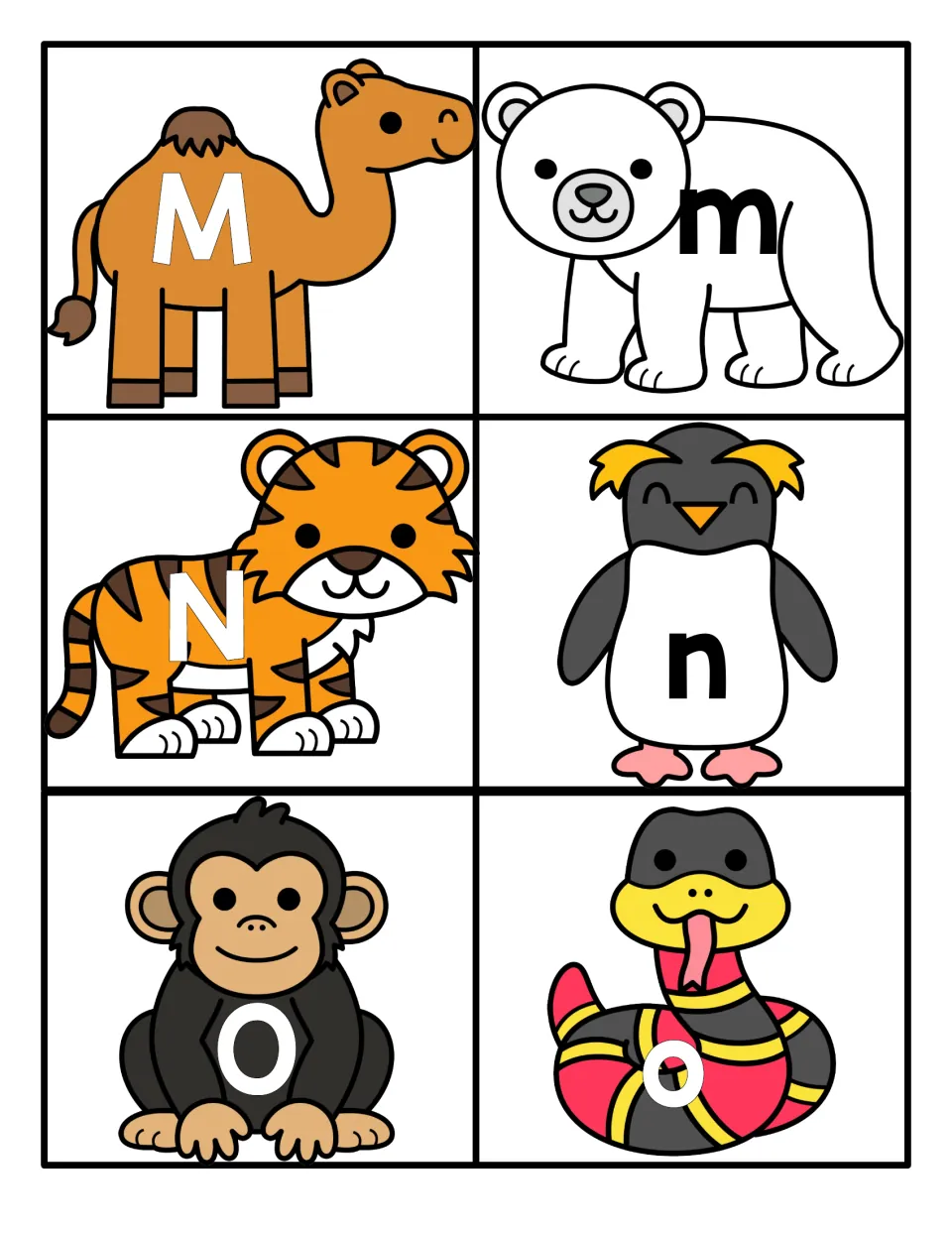 Letters M to O: letter-pair cards for matching uppercase to lowercase, with M on a camel, N on a tiger and o on a snake