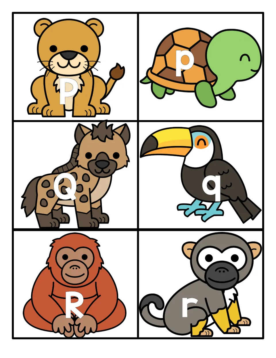 Letters P to R: animal cards for capital-to-small letter matching, with P on a lion, Q on a hyena and r on a gray monkey