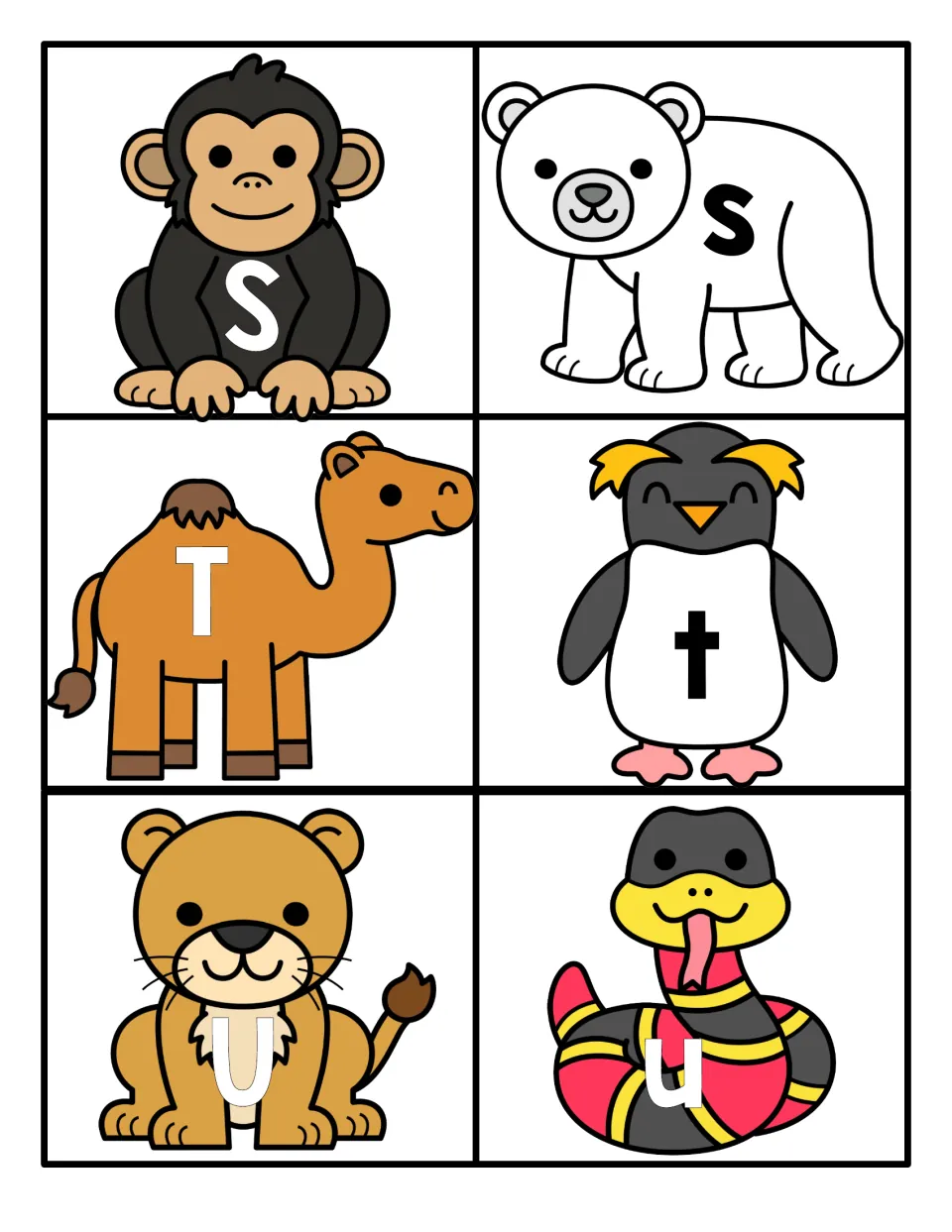 Letters S to U: matching cards pairing big and little letters, with S on a chimp, t on a penguin and U on a lion