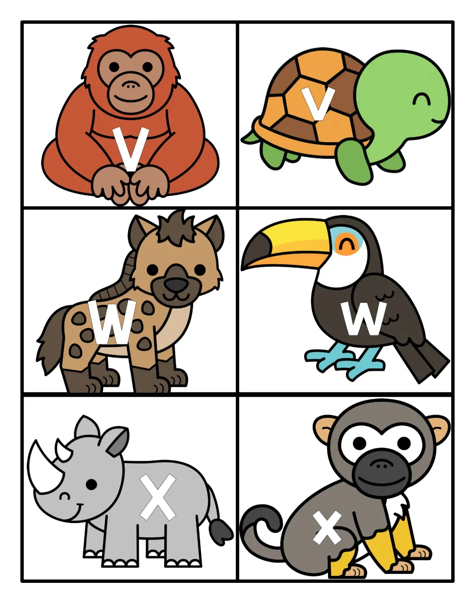 Letters V to X: uppercase and lowercase letter cards to match, with v on a turtle, W on a hyena and X on a rhino