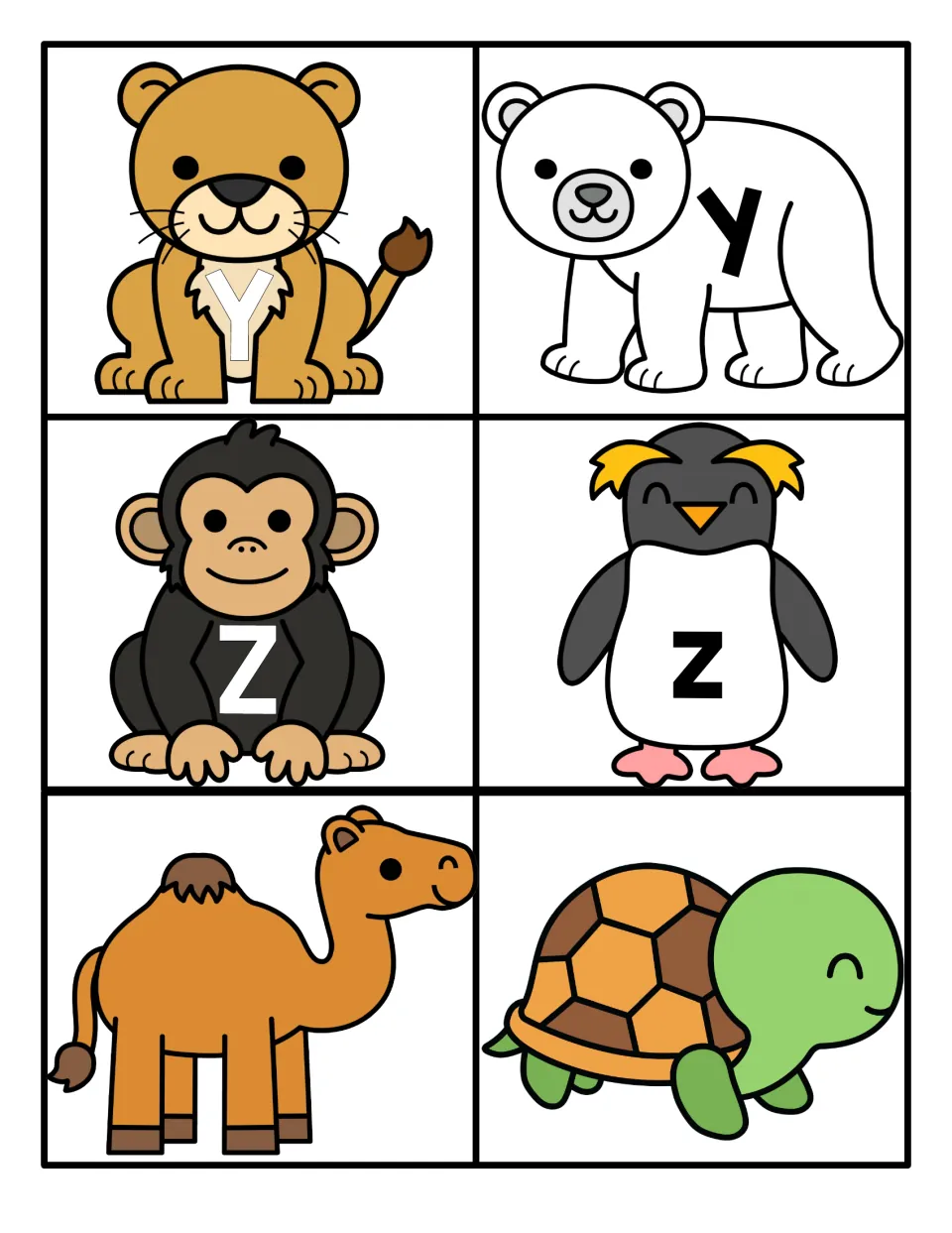 Letters Y and Z: letter matching cards with Y on a lion and z on a penguin, plus a camel and a turtle card left blank
