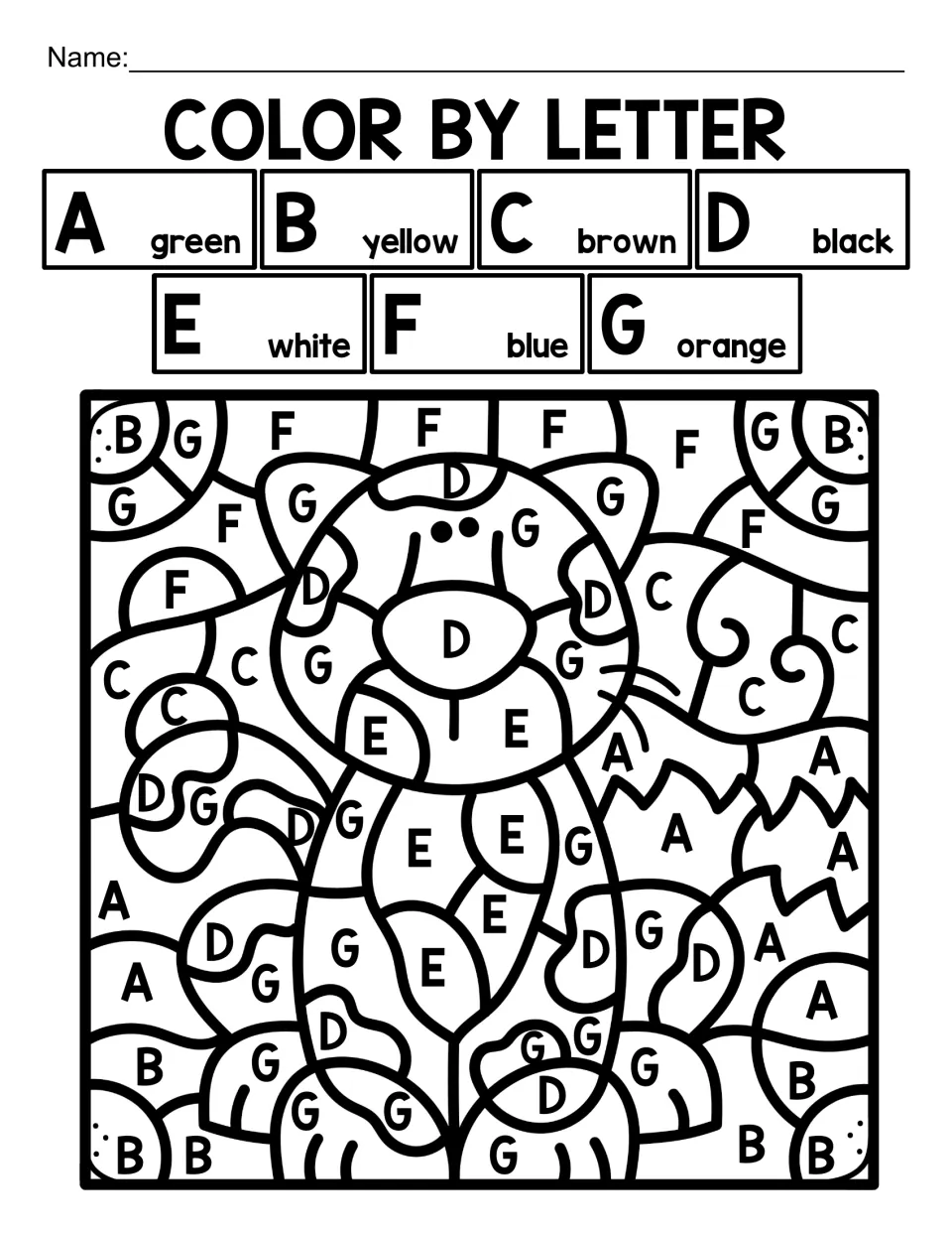 Color by letter tiger: students match capital letters A to G with a color key and color each space to reveal a tiger