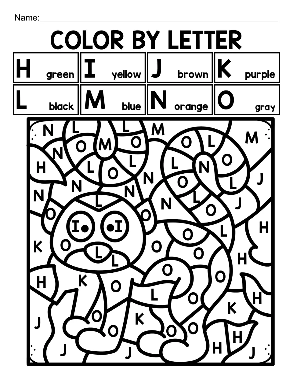 Color by letter lemur: students find capital letters H to O and color each space using the key, such as K purple, O gray