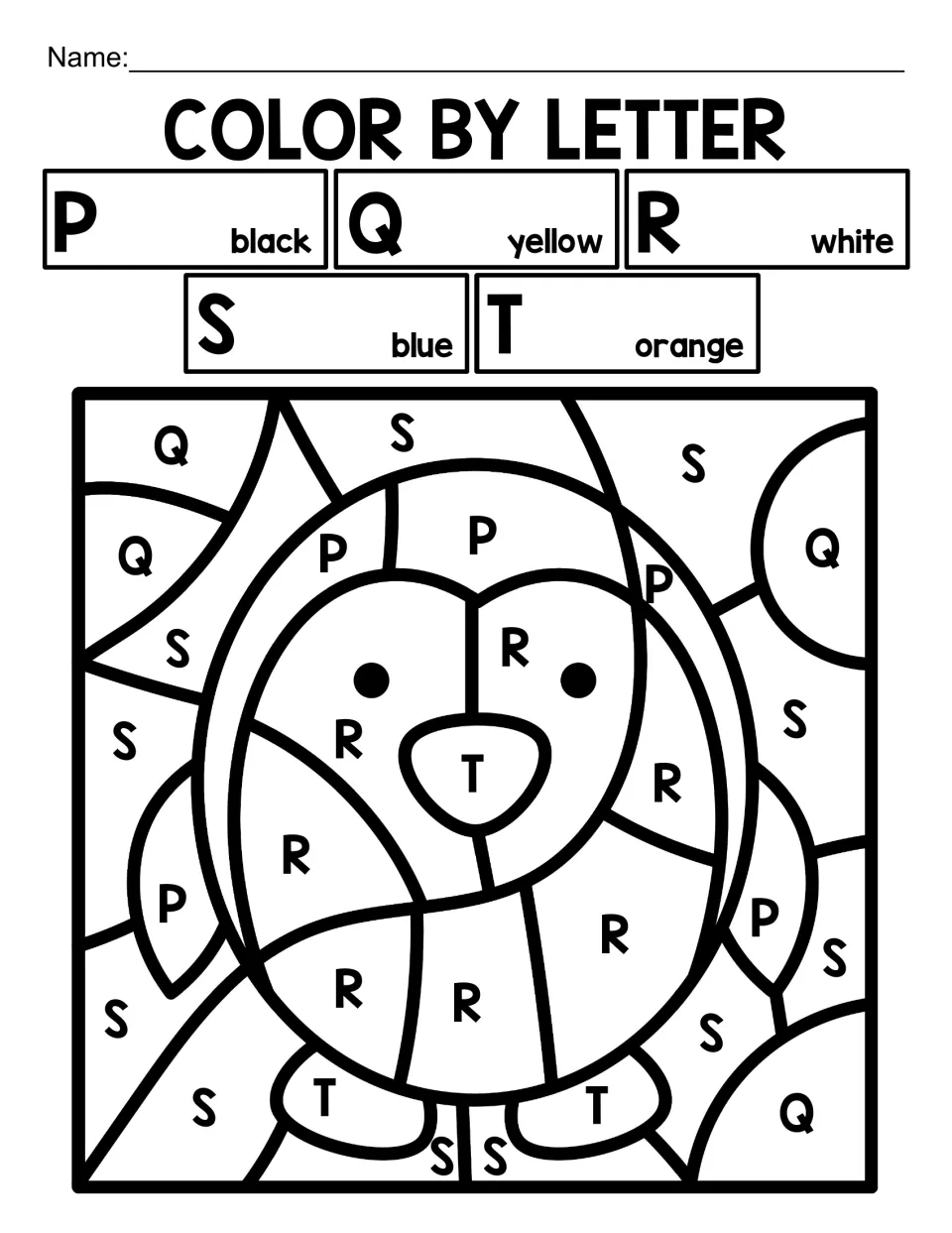Color by letter penguin: students identify capital letters P, Q, R, S and T and color each space with its matching color
