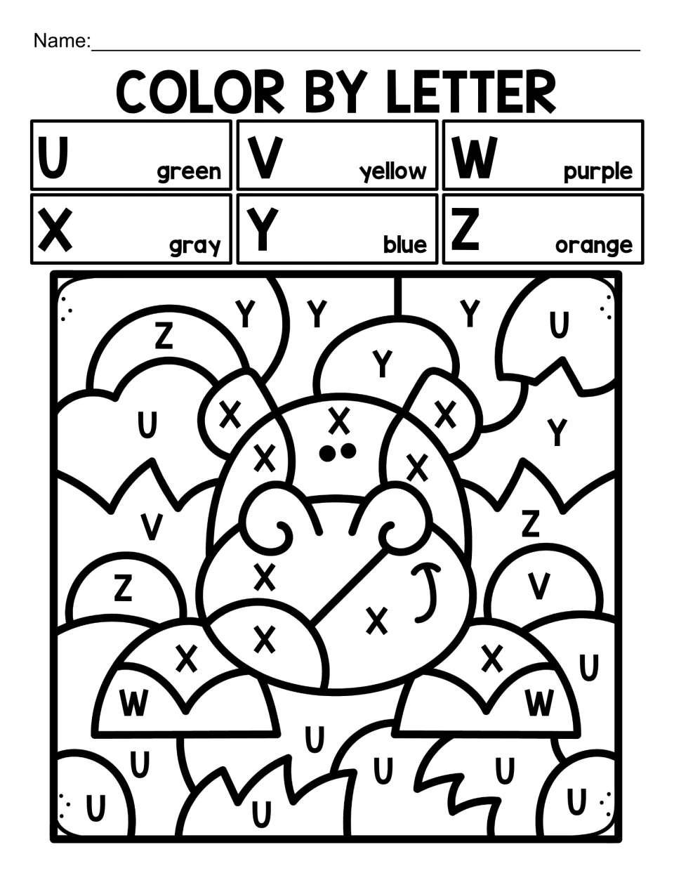 Color by letter hippo: students recognize capital letters U to Z and color spaces by the key, such as W purple and X gray