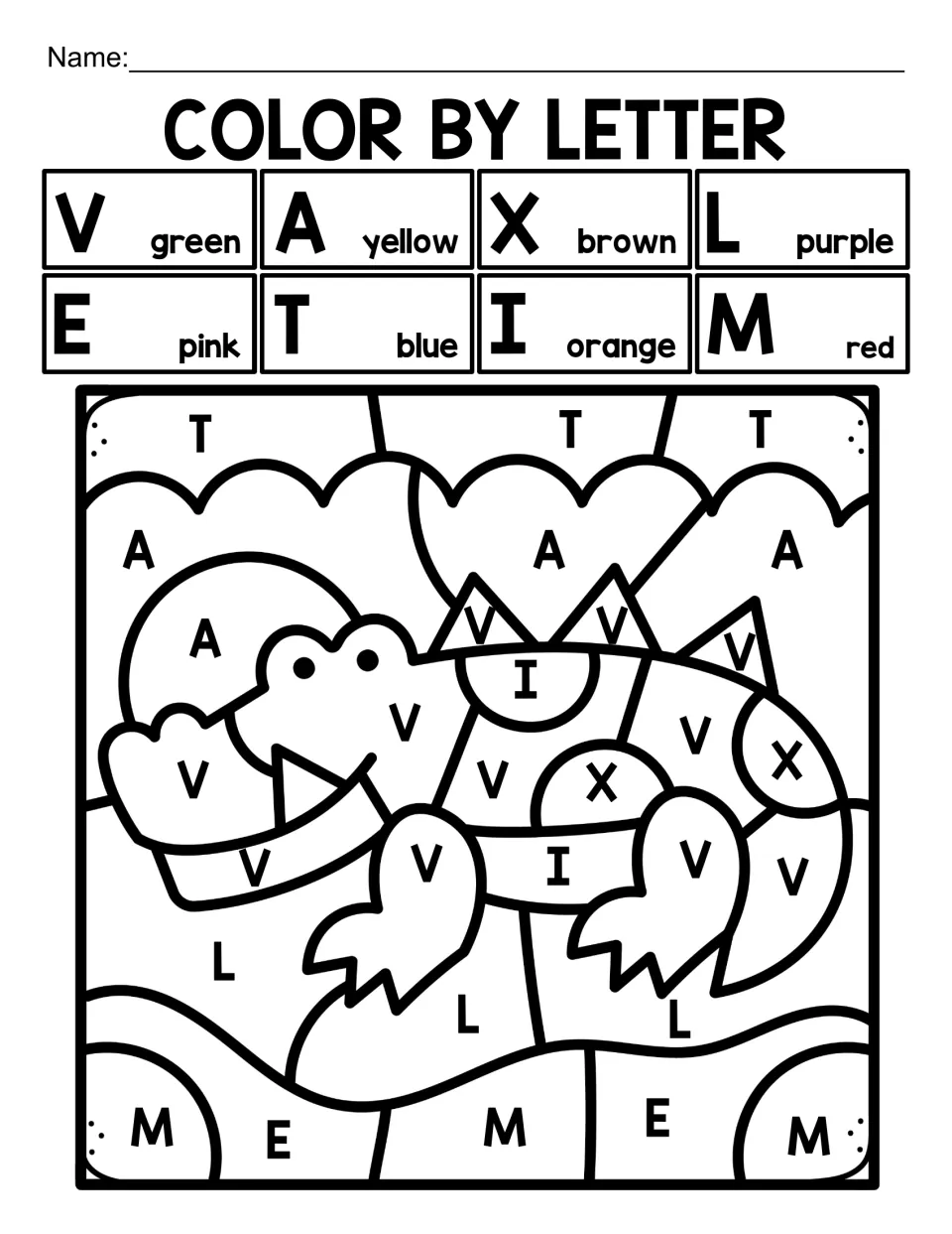Color by letter crocodile: students sort mixed capital letters V, A, X, L, E, T, I and M by color to reveal a crocodile