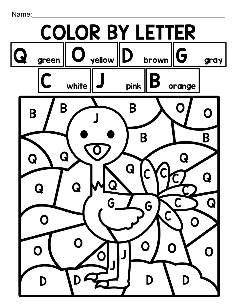 Color by letter bird: students tell apart look-alike capitals Q, O, D, G, C, J and B while coloring a long-necked bird