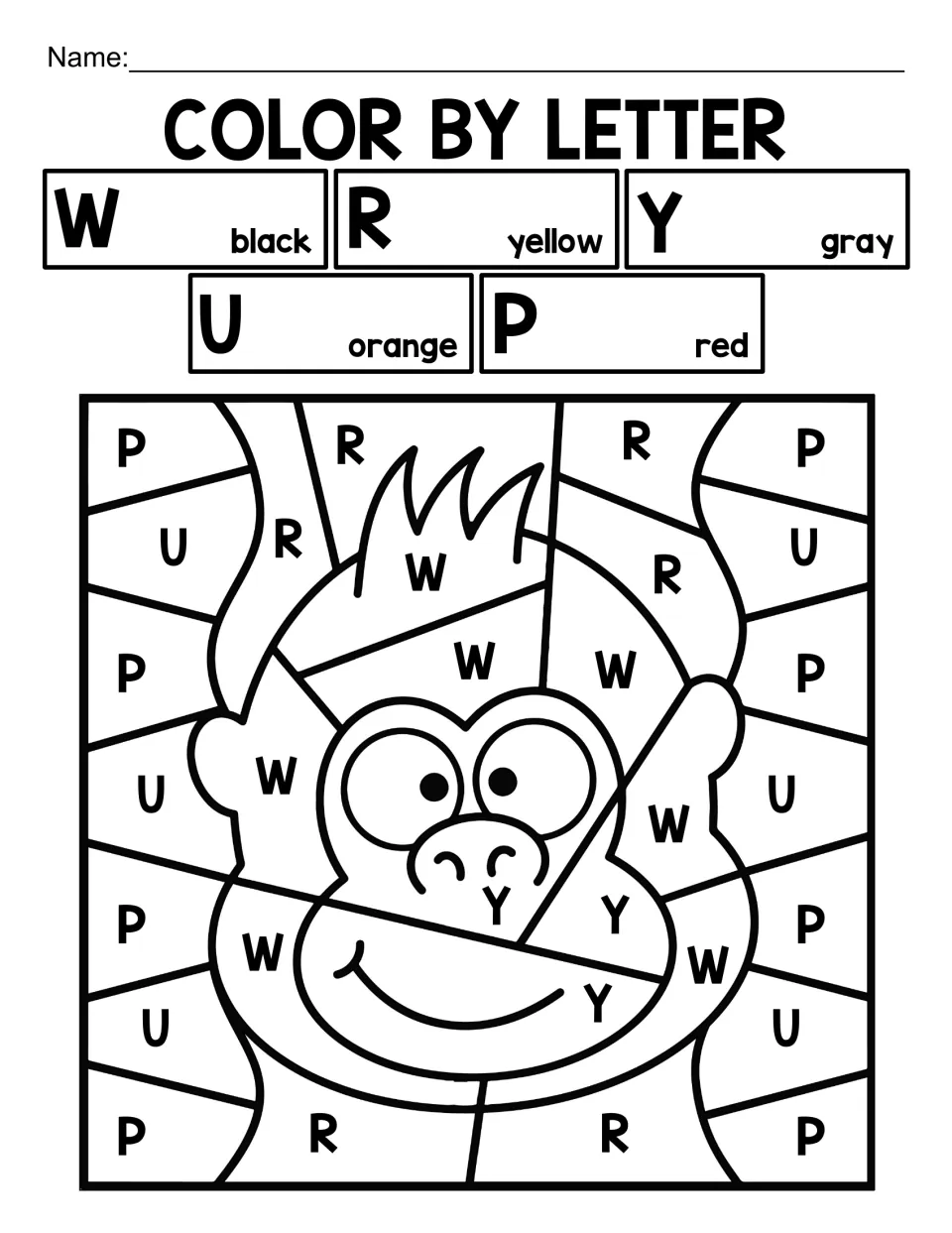 Color by letter monkey: students locate capital letters W, R, Y, U and P and color each space to reveal a smiling monkey