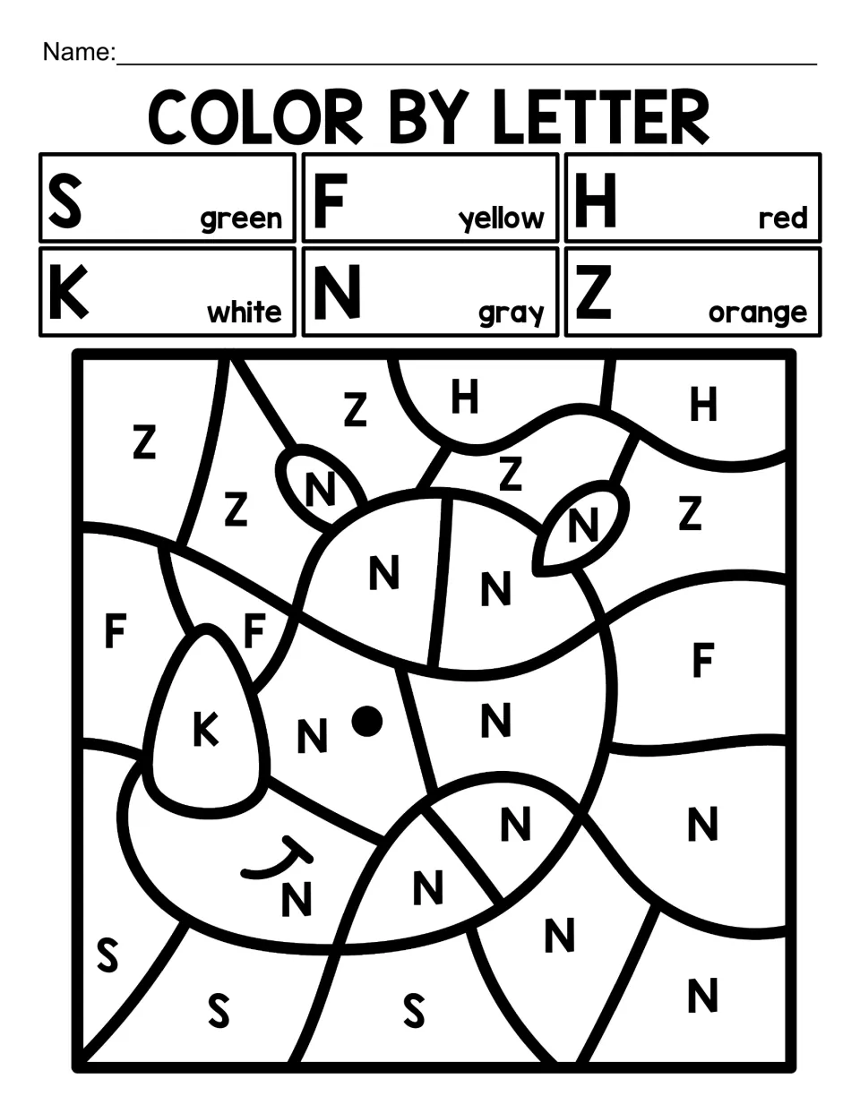 Color by letter rhino: students match capital letters S, F, H, K, N and Z to colors, with N spaces gray for the rhino
