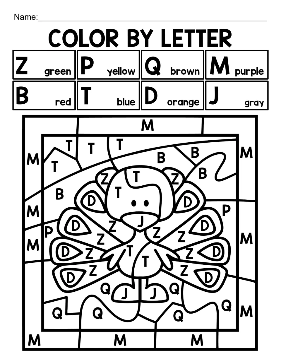 Color by letter peacock: students color spaces marked Z, P, Q, M, B, T, D and J using the key to show a peacock's feathers