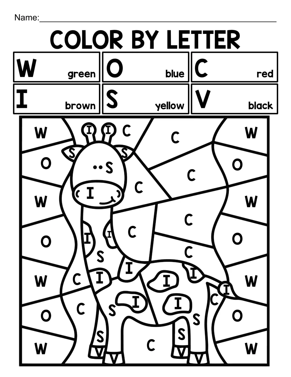 Color by letter giraffe: students identify capital letters W, O, C, I, S and V and color spaces to reveal a spotted giraffe