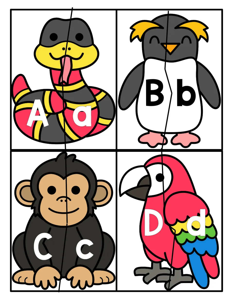 Letters Aa to Dd: snake, penguin, monkey and parrot cards cut in two so students match each uppercase to lowercase