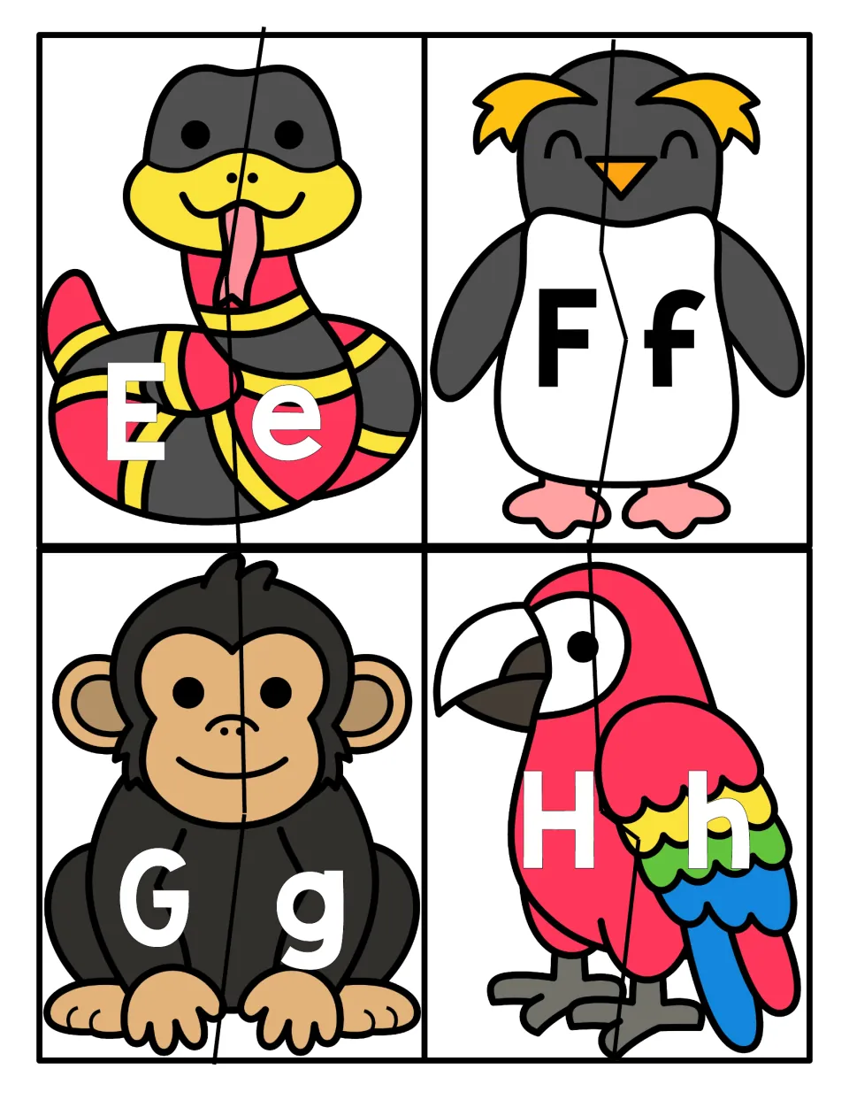 Letters Ee to Hh: two-piece animal puzzles where students join the uppercase half to its lowercase half for each letter