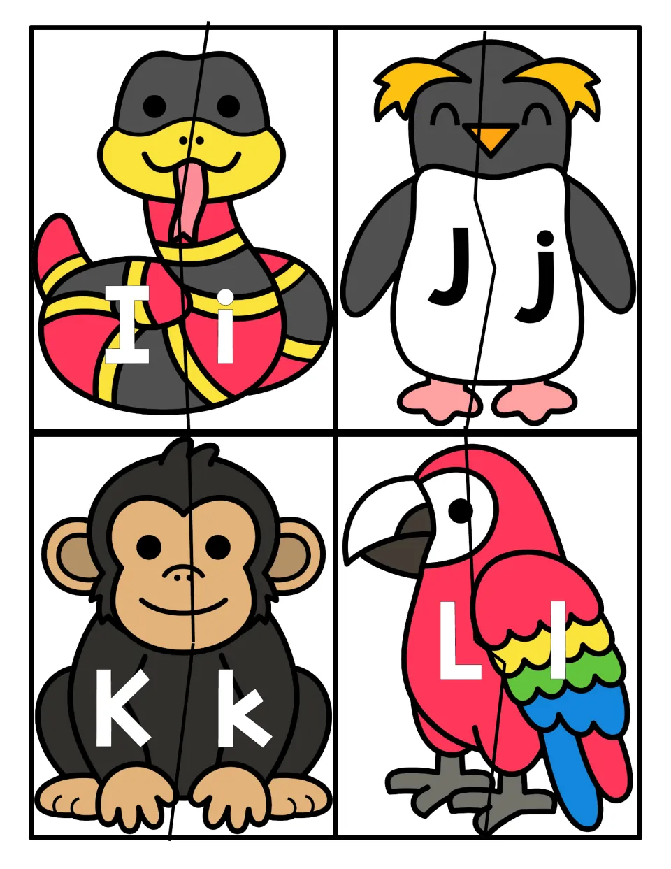 Letters Ii to Ll: snake, penguin, monkey and parrot puzzles split down the middle for matching uppercase and lowercase