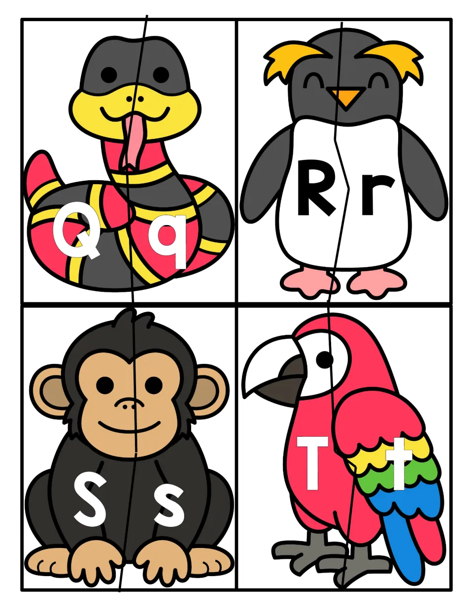 Letters Qq to Tt: two-piece snake, penguin, monkey and parrot puzzles for matching each uppercase and lowercase letter
