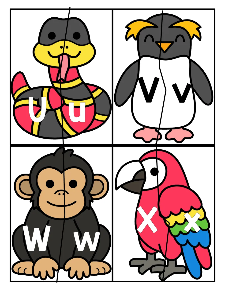 Letters Uu to Xx: zoo animal puzzles cut in half so students pair the uppercase piece with the matching lowercase piece