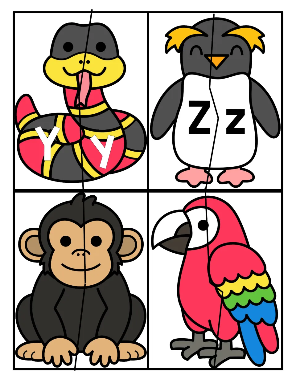 Letters Yy and Zz: snake and penguin puzzles for matching uppercase to lowercase, plus blank monkey and parrot puzzles