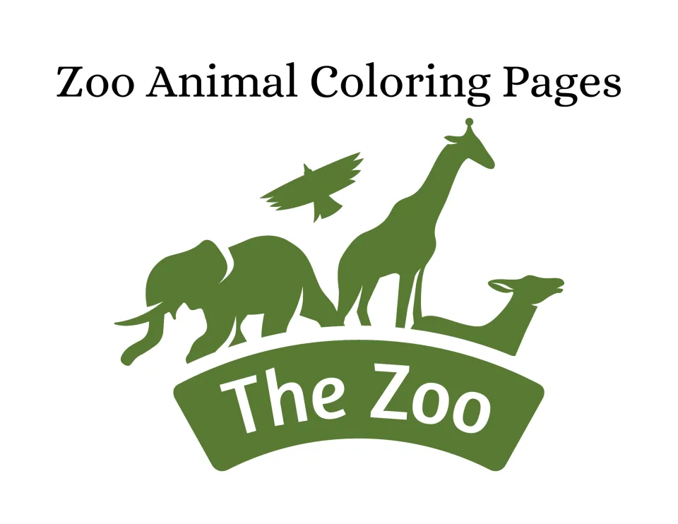 Cover of Zoo Animal Coloring Pages showing silhouettes of an elephant, giraffe, gazelle and bird above a The Zoo banner