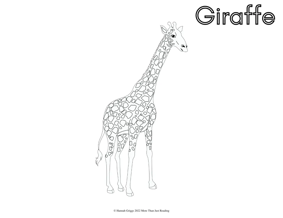 Giraffe: children color a standing giraffe with patchy markings and a long neck, labeled Giraffe in hollow letters