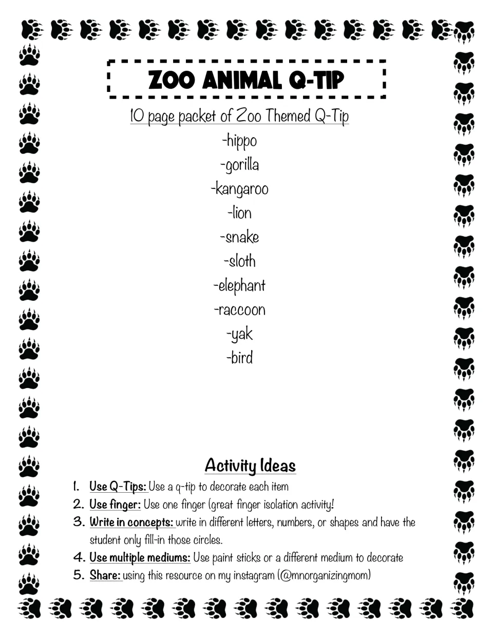 Zoo Animal Q-Tip cover listing 10 animals, hippo to bird, plus activity ideas such as finger dabbing and letter circles