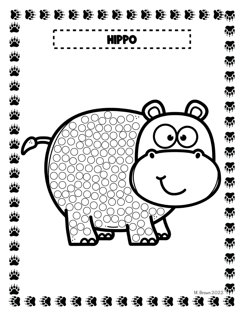 Hippo dot art: students dab a cotton swab into each empty circle filling the smiling hippo's round body