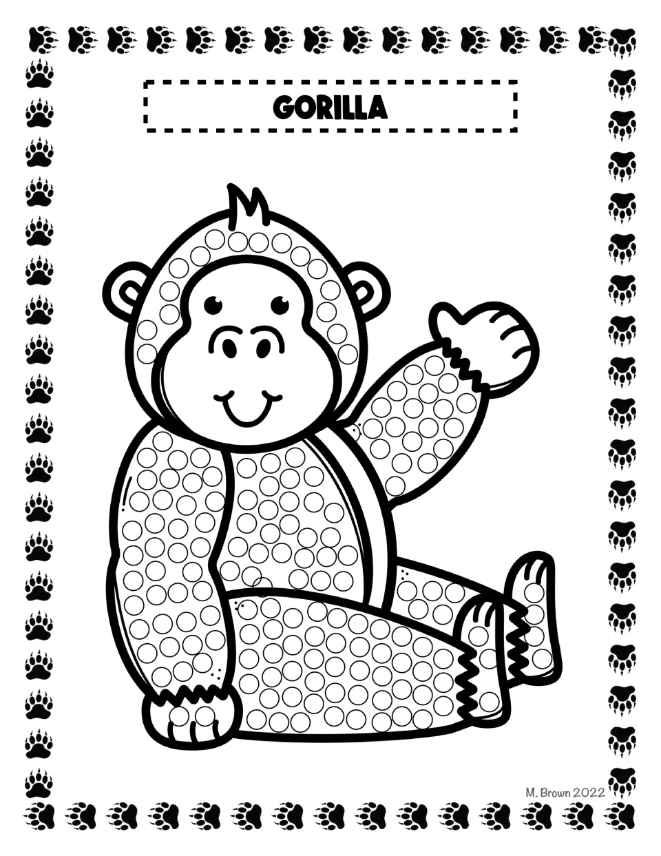 Gorilla dot art: a waving, seated gorilla with circles on its head, arms and legs for students to dab one at a time