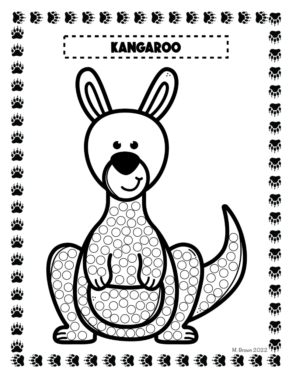 Kangaroo dot art: students fill the circles on the kangaroo's belly, pouch, legs and long tail one dot at a time