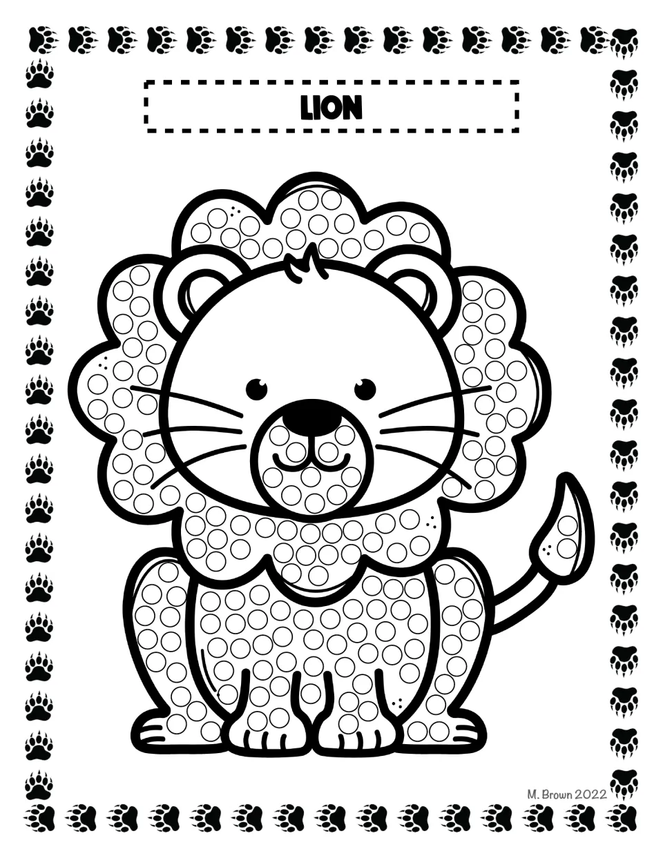 Lion dot art: a sitting lion with circles on its curly mane, muzzle and body that students dab to practise precise dots