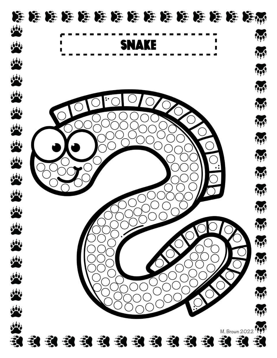 Snake dot art: a wiggly S-shaped snake with circles along its body and back stripe for students to fill in order