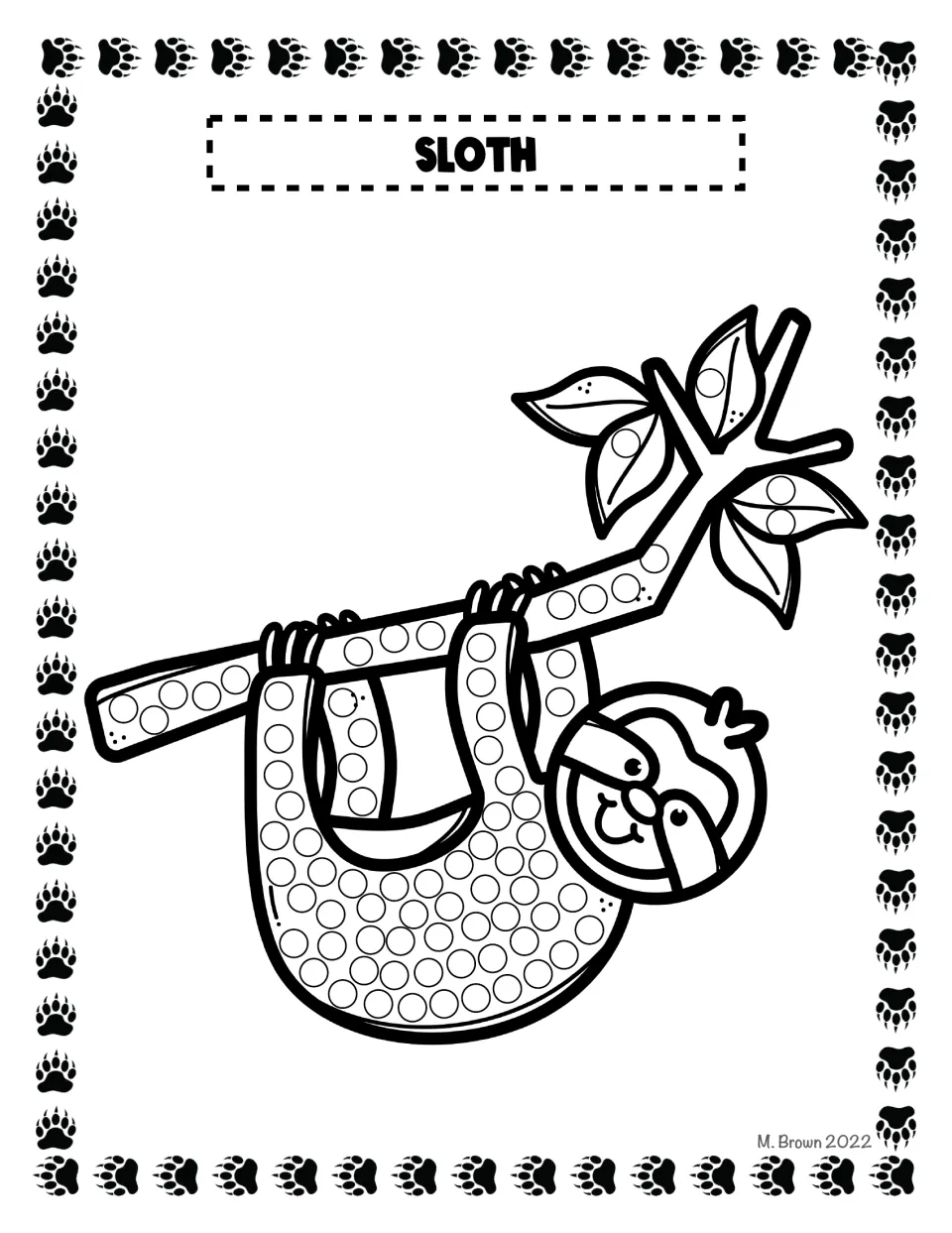 Sloth dot art: a sloth hanging from a leafy branch, with circles on its body, the branch and leaves for students to dab