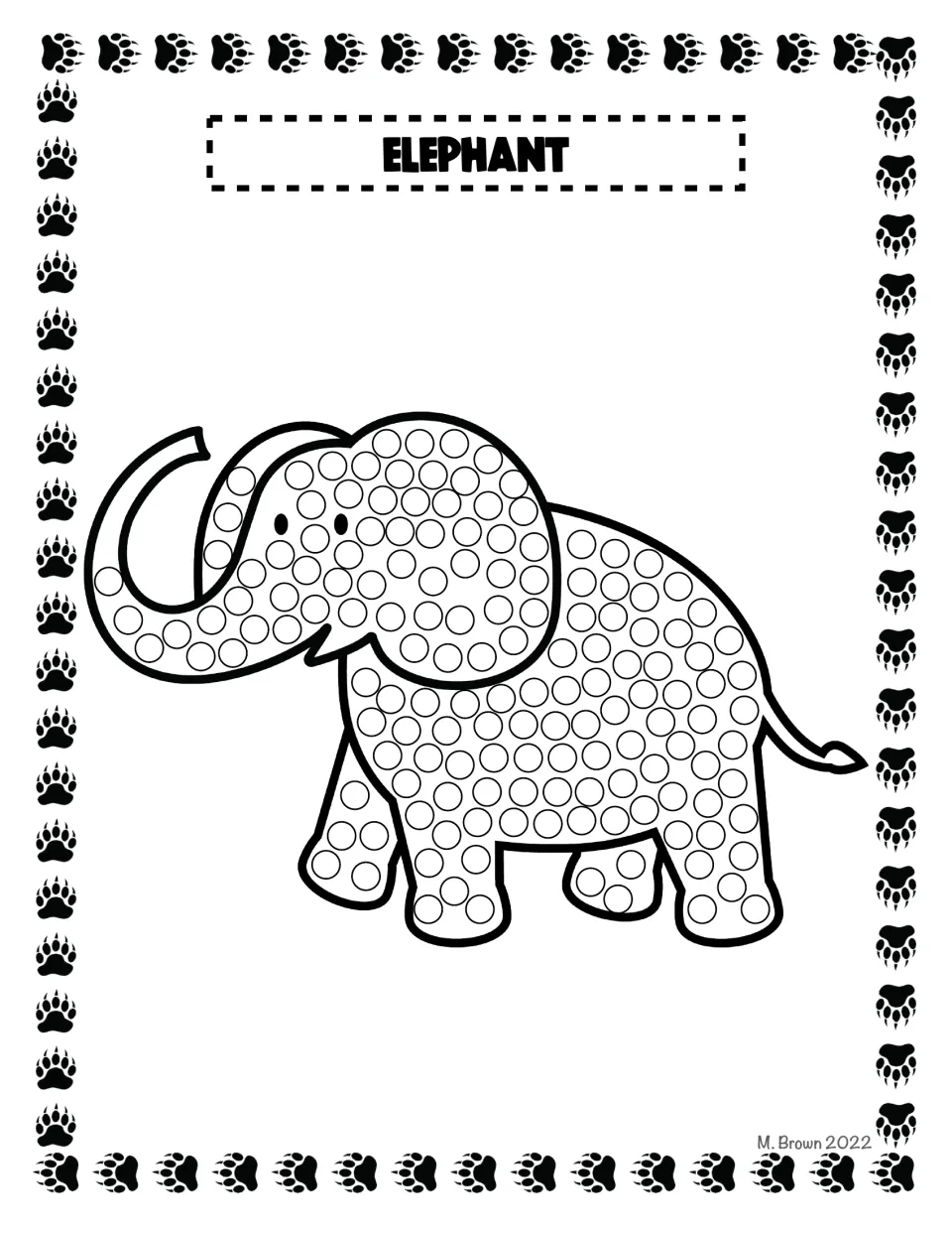Elephant dot art: students dab into the circles covering a walking elephant's trunk, head, body and legs