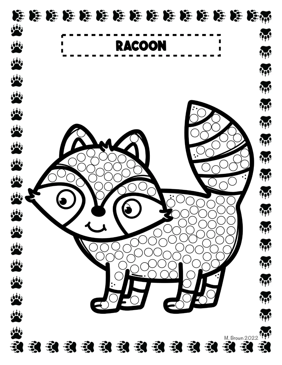 Raccoon dot art (spelled 'Racoon'): a raccoon with circles on its masked face, body, legs and striped tail to fill in